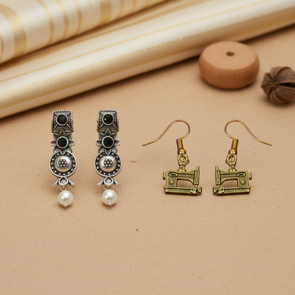 Wonderful wildflower oxidised stud earrings (Black)&Sew-chic dangler earrings Combo set