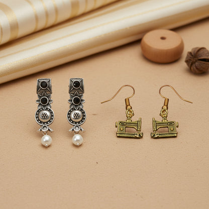 Wonderful wildflower oxidised stud earrings (Black)&Sew-chic dangler earrings Combo set