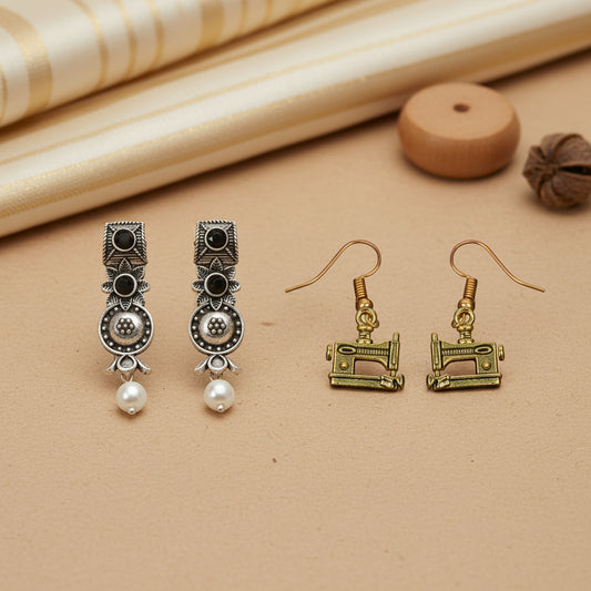 Wonderful wildflower oxidised stud earrings (Black)&Sew-chic dangler earrings Combo set