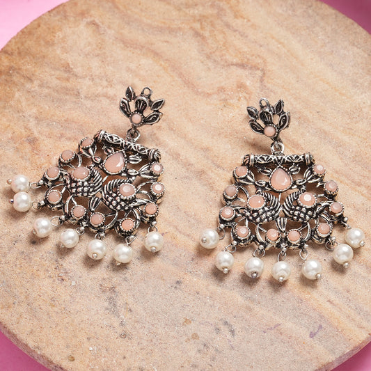 Light Orangish Stone Studded Danglers With Hanging Pearls