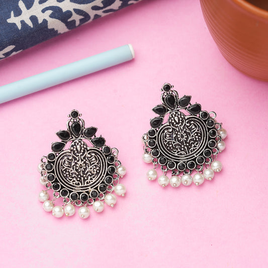 Black Stone Studded German Silver Statement Earrings