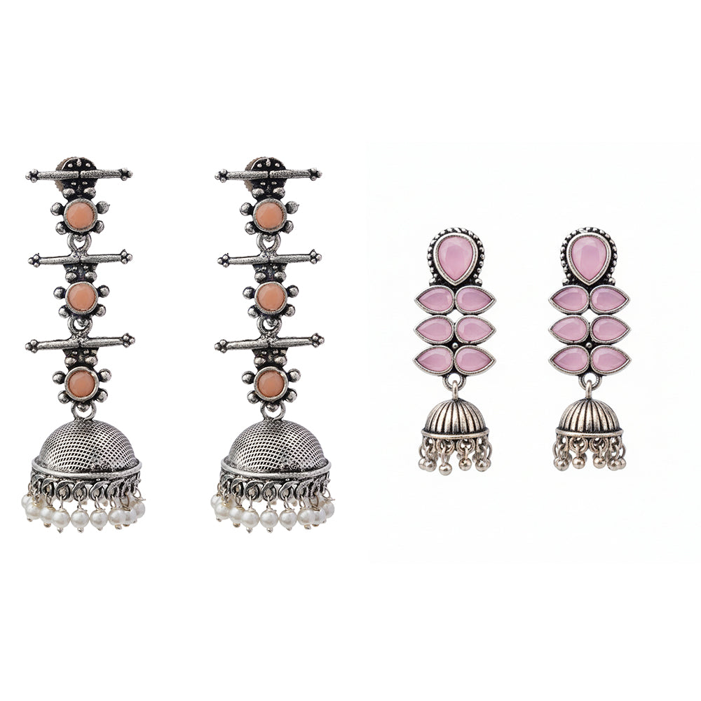 Dazzle Dash Jhumki earring (Baby Pink)&Royal Triple Bell Layered Jhumka Earring (Light Orange) Combo set