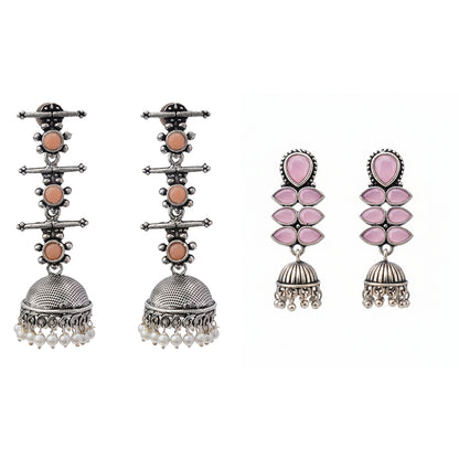 Dazzle Dash Jhumki earring (Baby Pink)&Royal Triple Bell Layered Jhumka Earring (Light Orange) Combo set