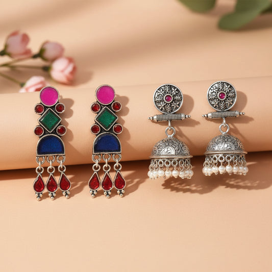 Rainbow rhine dangler earrings (Multicolored)&Charmbell jhumka earrings (Red) Combo set