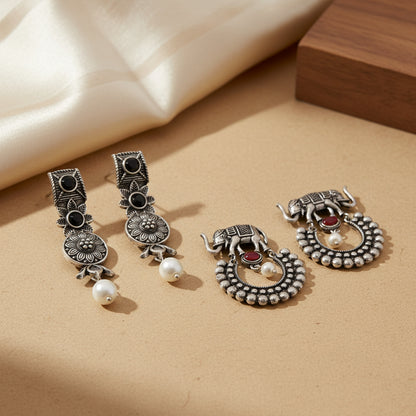Wonderful wildflower oxidised stud earrings (Black)&Elephant Arc dangler earrings (Dark Red) Combo set