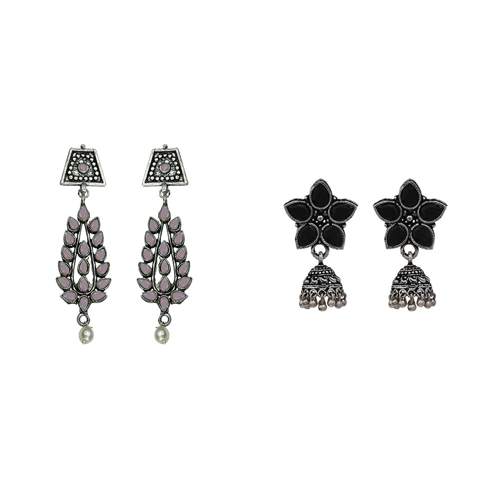 Beauty Bloom ghunghroo jhumki earring (Black)&Precious Petal stone studded dangler earring (Baby Pink) Combo set