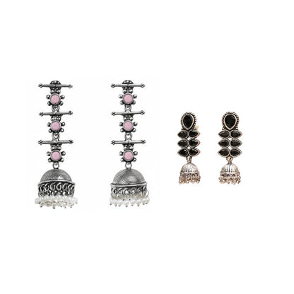 Dazzle Dash Jhumki earring (Black)&Royal Triple Bell Layered Jhumka Earring (Baby Pink) Combo set