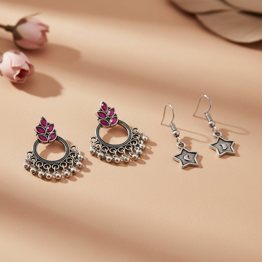 Fine Shine stud earrings (Red)&You're a star dangler earrings (Silver) Combo set