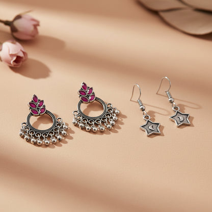 Fine Shine stud earrings (Red)&You're a star dangler earrings (Silver) Combo set