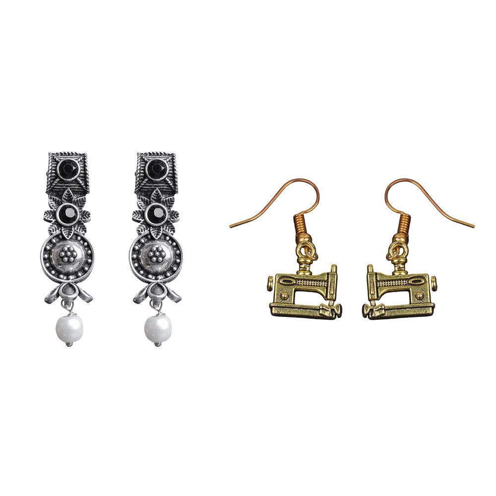 Wonderful wildflower oxidised stud earrings (Black)&Sew-chic dangler earrings Combo set