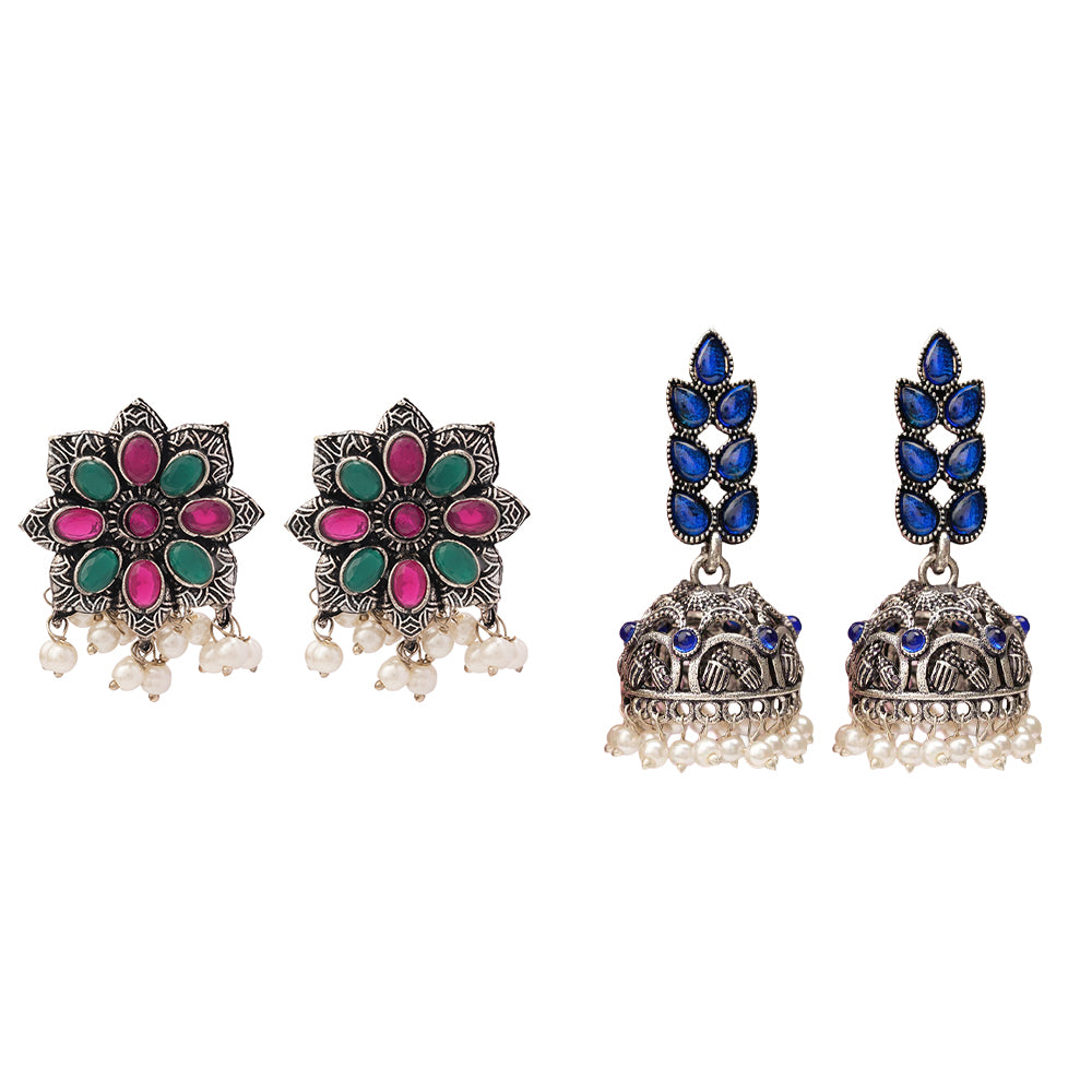 Jugni vibrant stud earrings (Multicolored)&Leaf Cascade jhumki earrings (Blue) Combo set