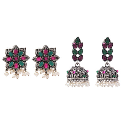 Jugni vibrant stud earrings (Multicolored)&Leaf Cascade jhumki earrings (Multicolored) Combo set