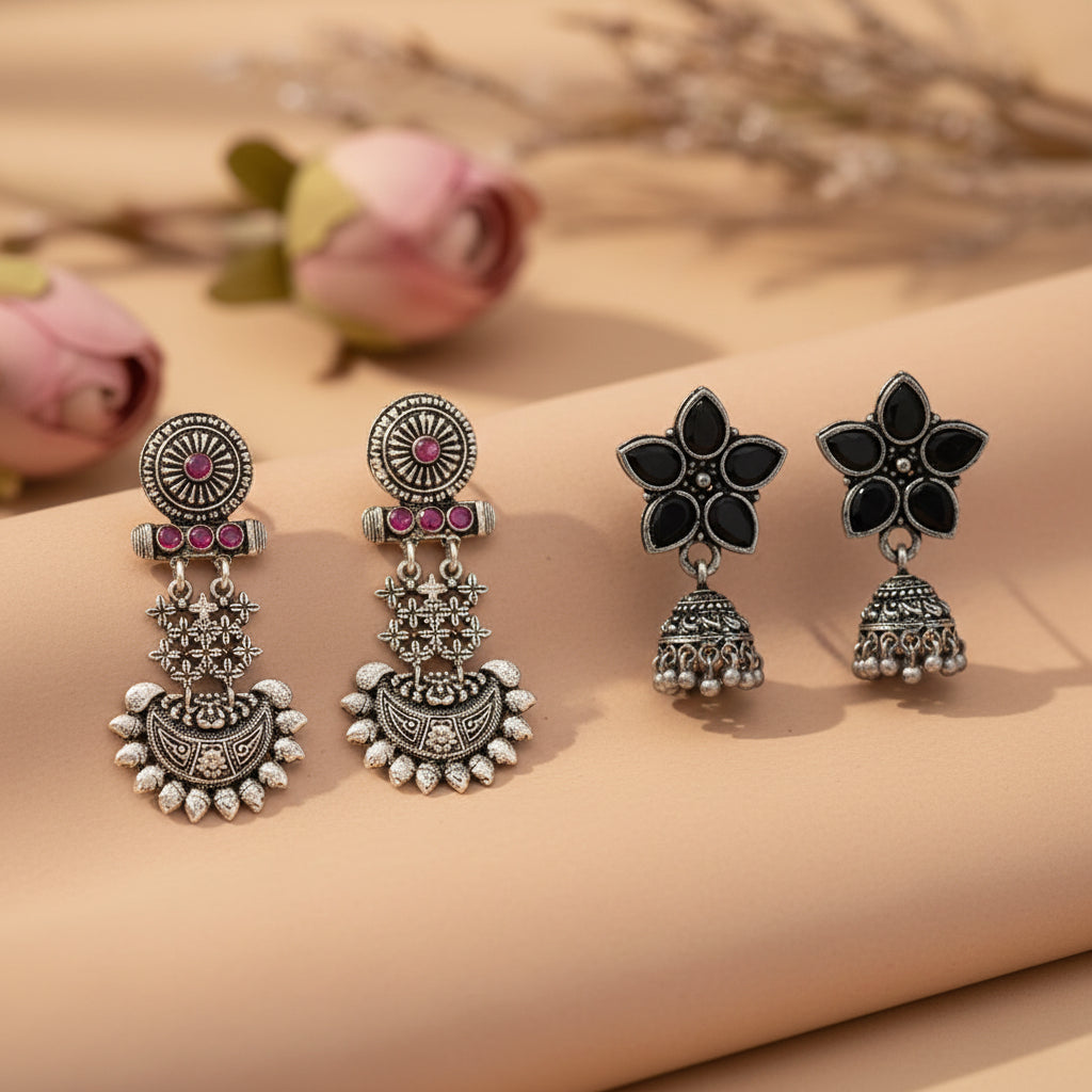 Beauty Bloom ghunghroo jhumki earring (Black)&Enchanted Swing dangler earring (Red) Combo set