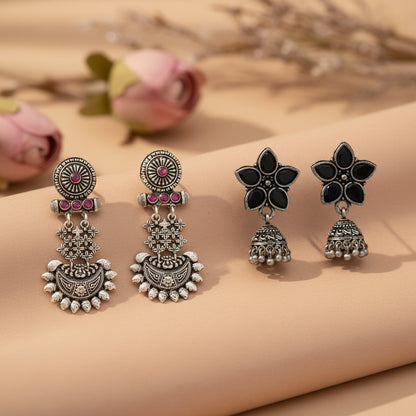 Beauty Bloom ghunghroo jhumki earring (Black)&Enchanted Swing dangler earring (Red) Combo set