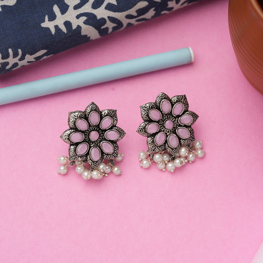 Baby Pink Stone Stone Studded Oxidised Earrings With Hanging Pearls