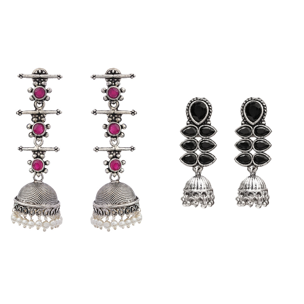 Dazzle Dash Jhumki earring (Black)&Royal Triple Bell Layered Jhumka Earring (Red) Combo set