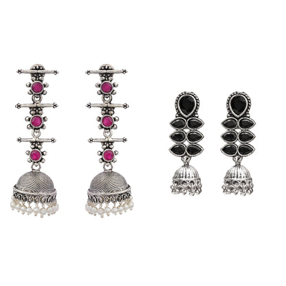 Dazzle Dash Jhumki earring (Black)&Royal Triple Bell Layered Jhumka Earring (Red) Combo set