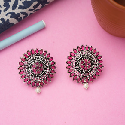 Red Stone Studded Intricate Oxidised Stud Earrings
