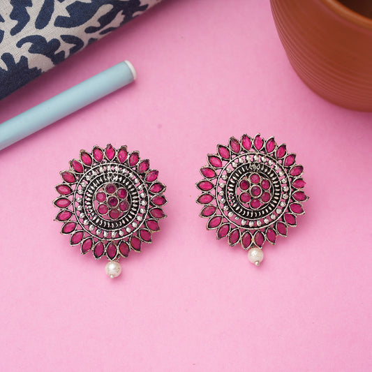Red Stone Studded Intricate Oxidised Stud Earrings