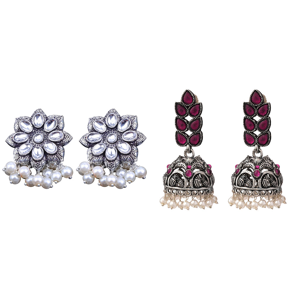 Jugni vibrant stud earrings (White)&Leaf Cascade jhumki earrings (Red) Combo set