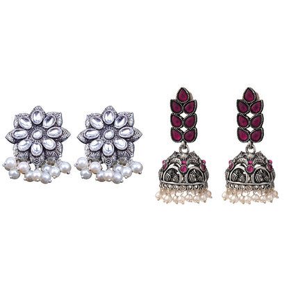 Jugni vibrant stud earrings (White)&Leaf Cascade jhumki earrings (Red) Combo set