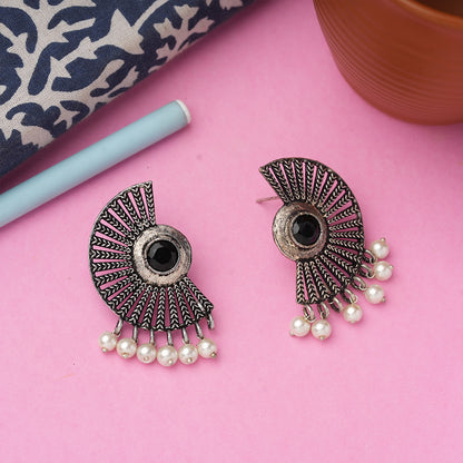 Black Stone Studded Oxidised Earrings With Hanging Pearls