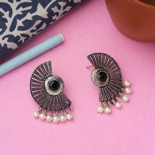 Black Stone Studded Oxidised Earrings With Hanging Pearls