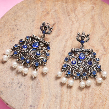 Peacock glow stone studded dangler earrings (Blue)