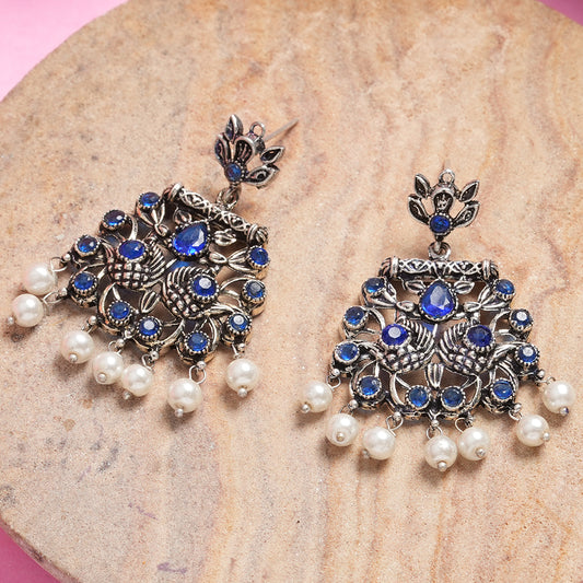 Blue Stone Studded Danglers With Hanging Pearls