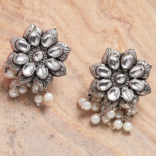 White Stone Studded Oxidised Earrings With Hanging Pearls