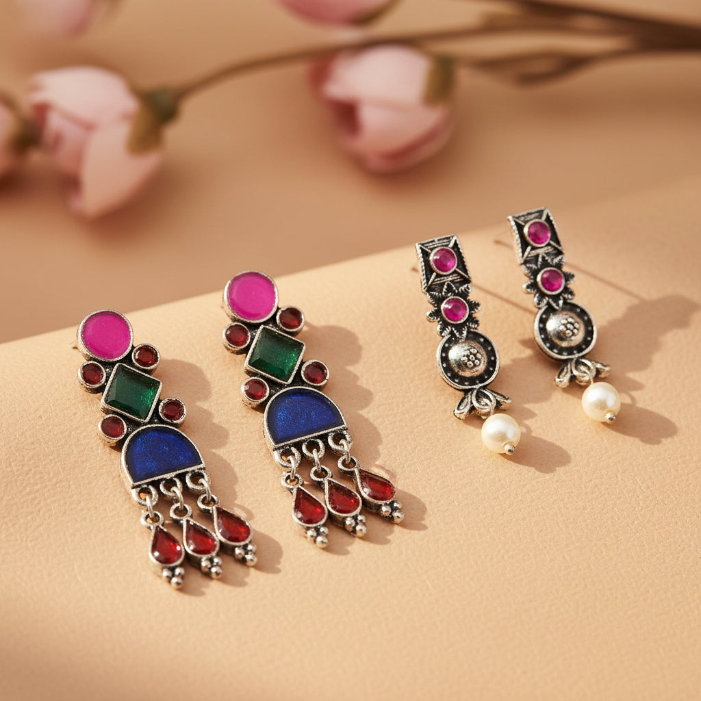 Rainbow rhine dangler earrings (Multicolored)&Wonderful wildflower oxidised stud earrings (Red) Combo set
