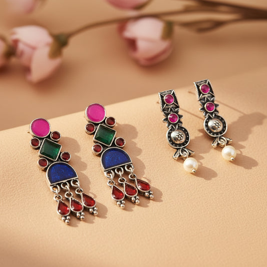 Rainbow rhine dangler earrings (Multicolored)&Wonderful wildflower oxidised stud earrings (Red) Combo set