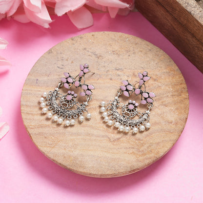 Baby Pink Stone Studded Beautiful Oxidised Danglers With Hanging Baby Pearls