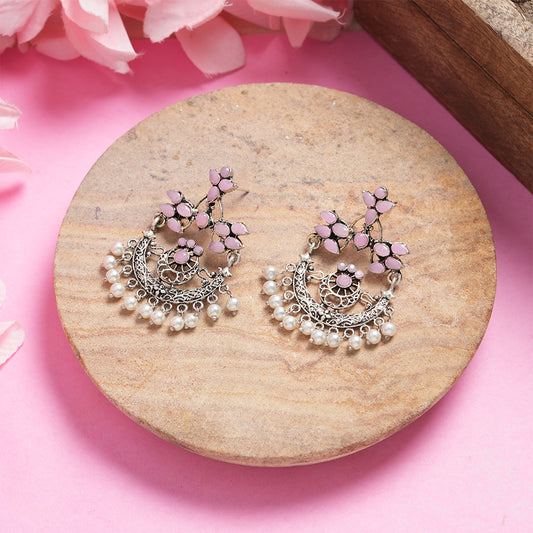 Baby Pink Stone Studded Beautiful Oxidised Danglers With Hanging Baby Pearls