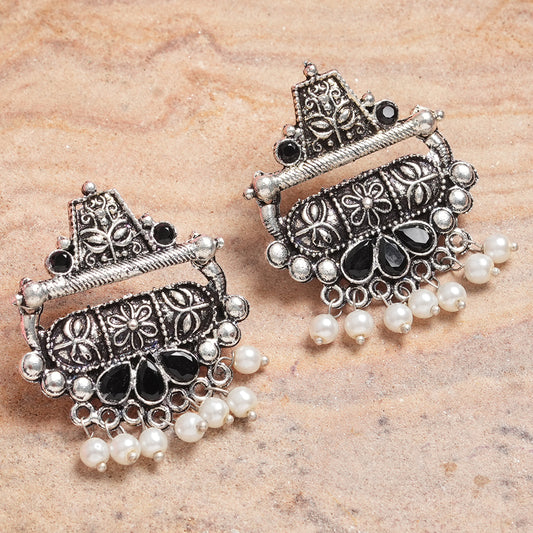 Black Stone Studded Oxidised Earrings With Hanging Pearl