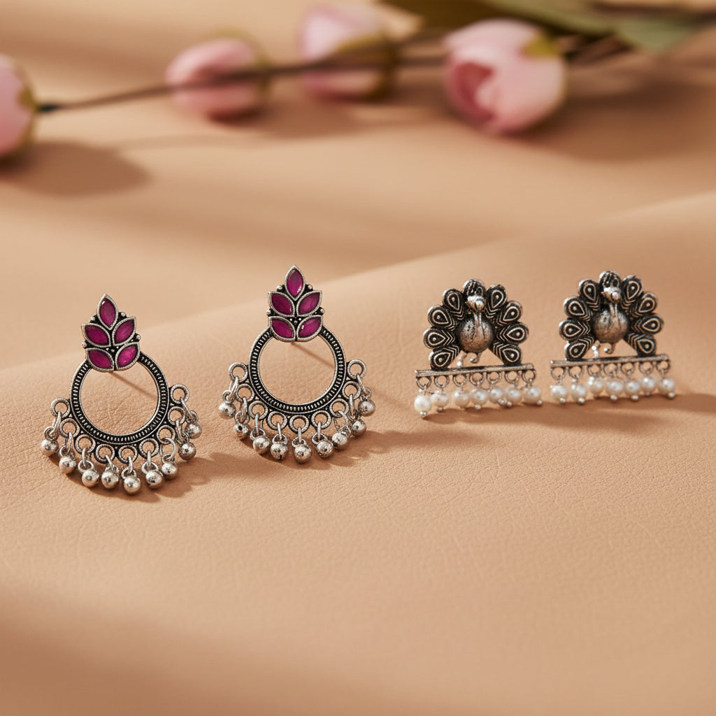 Fine Shine stud earrings (Red)&Meena Manjari stone stud earrings (Silver) Combo set