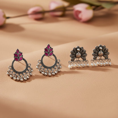 Fine Shine stud earrings (Red)&Meena Manjari stone stud earrings (Silver) Combo set