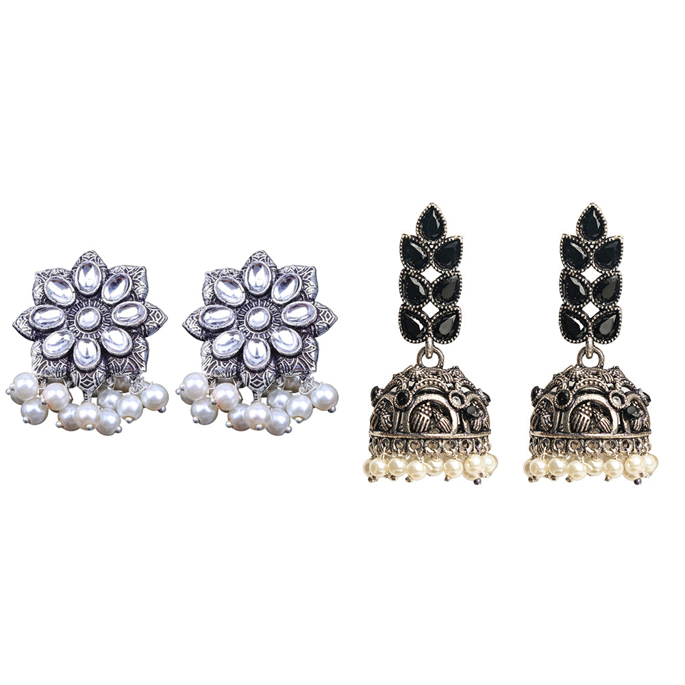 Jugni vibrant stud earrings (White)&Leaf Cascade jhumki earrings (Black) Combo set