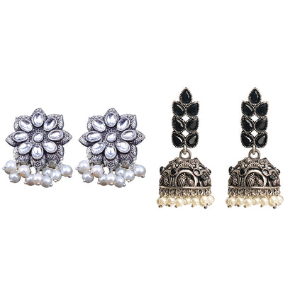 Jugni vibrant stud earrings (White)&Leaf Cascade jhumki earrings (Black) Combo set