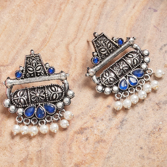 Blue Stone Studded Oxidised Earrings With Hanging Pearl