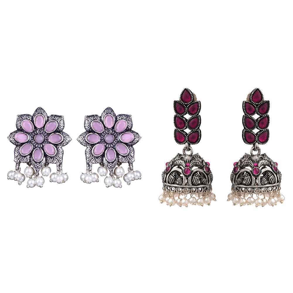 Jugni vibrant stud earrings (Baby Pink)&Leaf Cascade jhumki earrings (Red) Combo set