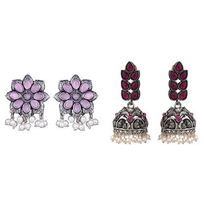 Jugni vibrant stud earrings (Baby Pink)&Leaf Cascade jhumki earrings (Red) Combo set