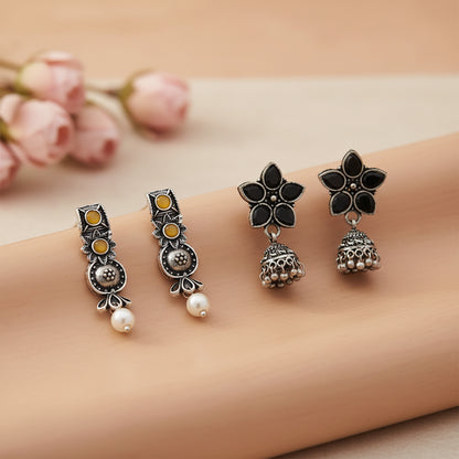 Beauty Bloom ghunghroo jhumki earring (Black)&Wonderful wildflower oxidised stud earrings (Yellow) Combo set