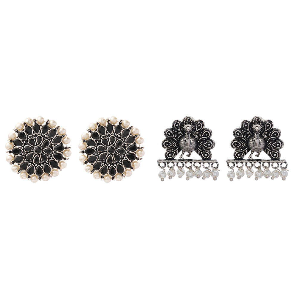 Carved Charm Dangler earrings &  Meena Manjari stone stud earrings (Silver) Combo set
