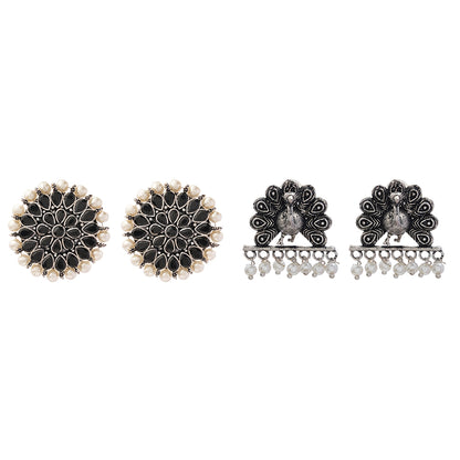 Carved Charm Dangler earrings &  Meena Manjari stone stud earrings (Silver) Combo set
