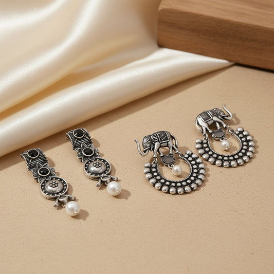 Wonderful wildflower oxidised stud earrings (Black)&Elephant Arc dangler earrings (Grey) Combo set