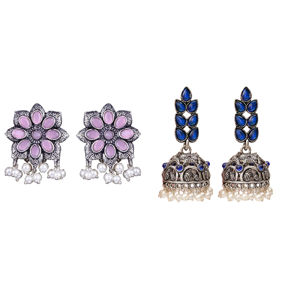 Jugni vibrant stud earrings (Baby Pink)&Leaf Cascade jhumki earrings (Blue) Combo set