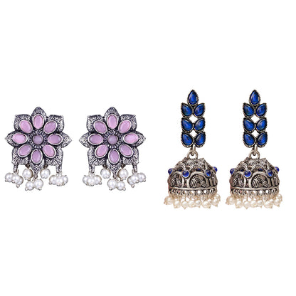 Jugni vibrant stud earrings (Baby Pink)&Leaf Cascade jhumki earrings (Blue) Combo set