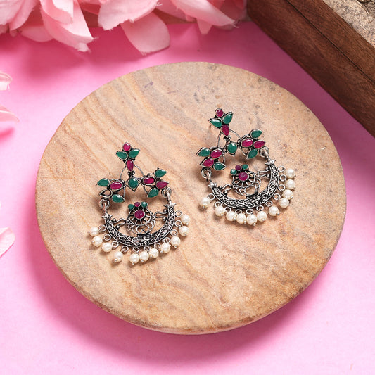 Multicolored Stone Studded Beautiful Oxidised Danglers With Hanging Baby Pearls