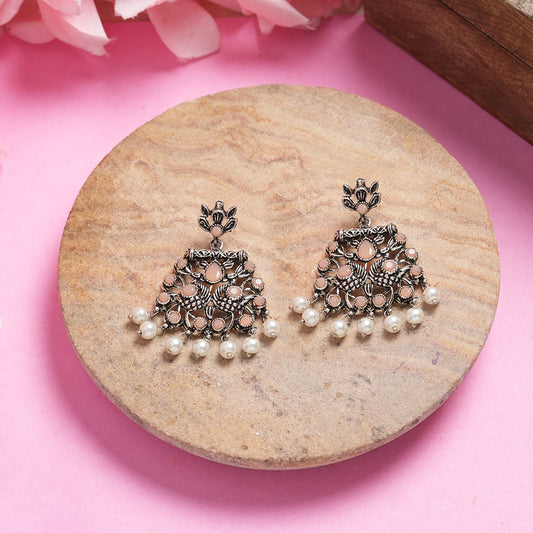 Light Orangish Stone Studded Danglers With Hanging Pearls